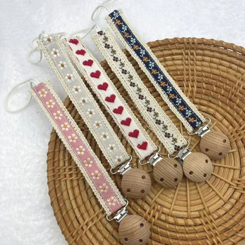 Floral Print Baby Pacifier Clip with Wooden Teether Bead