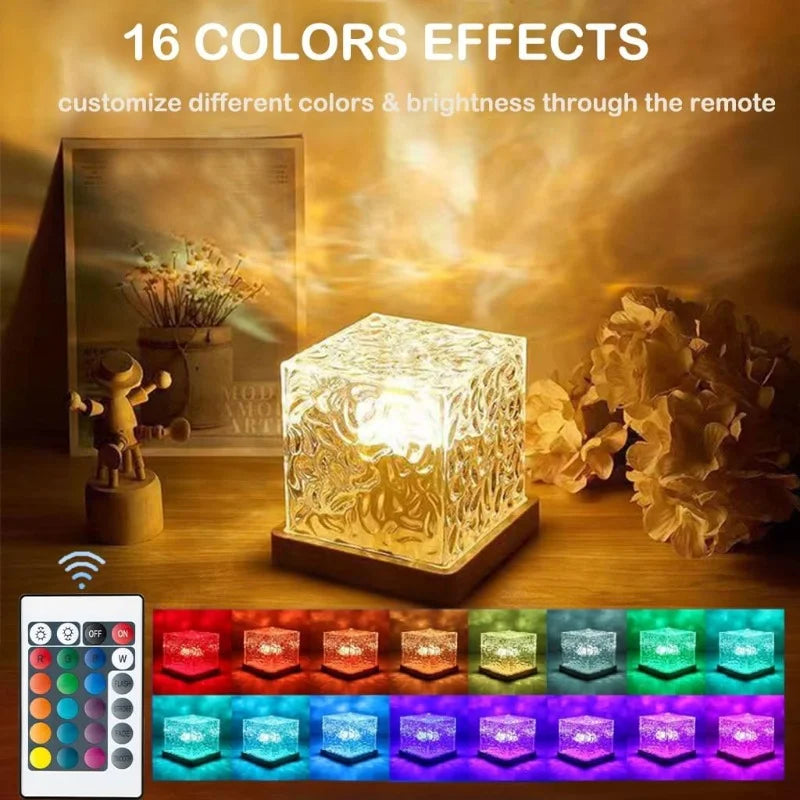 Crystal Cube Water Ripple Night Light – 16 Colors with Remote