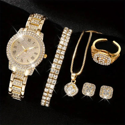 6-Piece Women's Luxury Rhinestone Watch & Jewelry Set