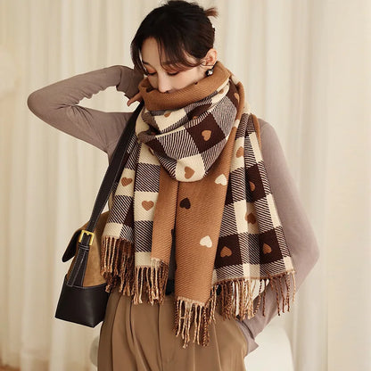 Women's Heart Pattern Plaid Blanket Scarf with Tassels