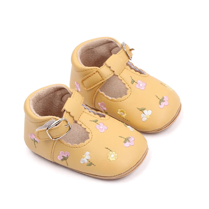 Baby Girl Embroidered Flower T-Strap Mary Jane Shoes