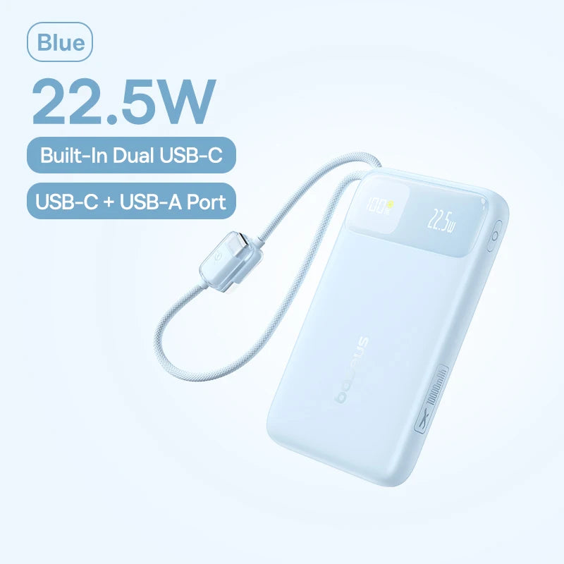 Baseus 10000mAh Power Bank 22.5W Fast Charging with Built-In Dual USB-C Cable