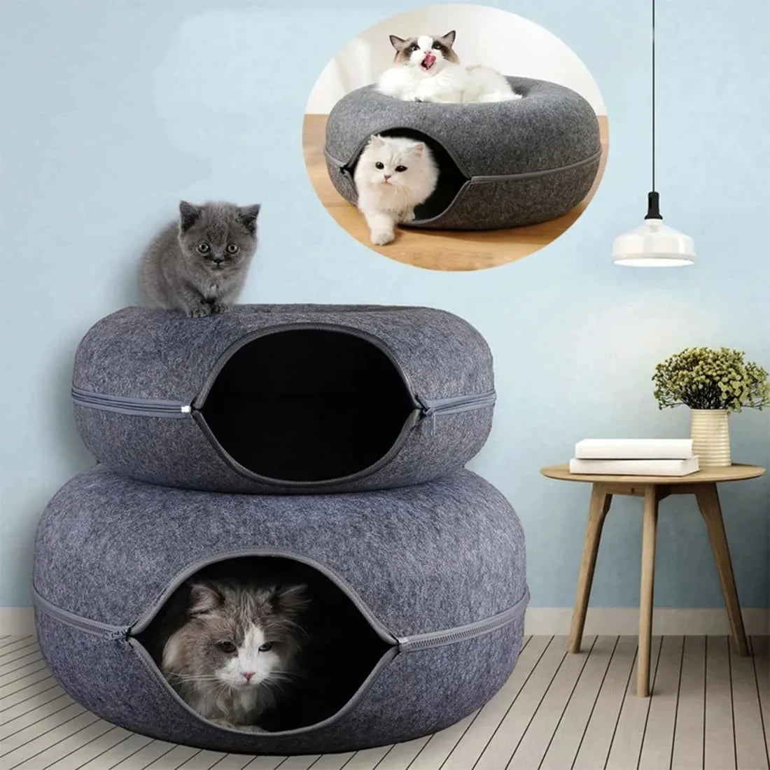 Cat Tunnel Bed – Round Felt Donut House with Scratcher