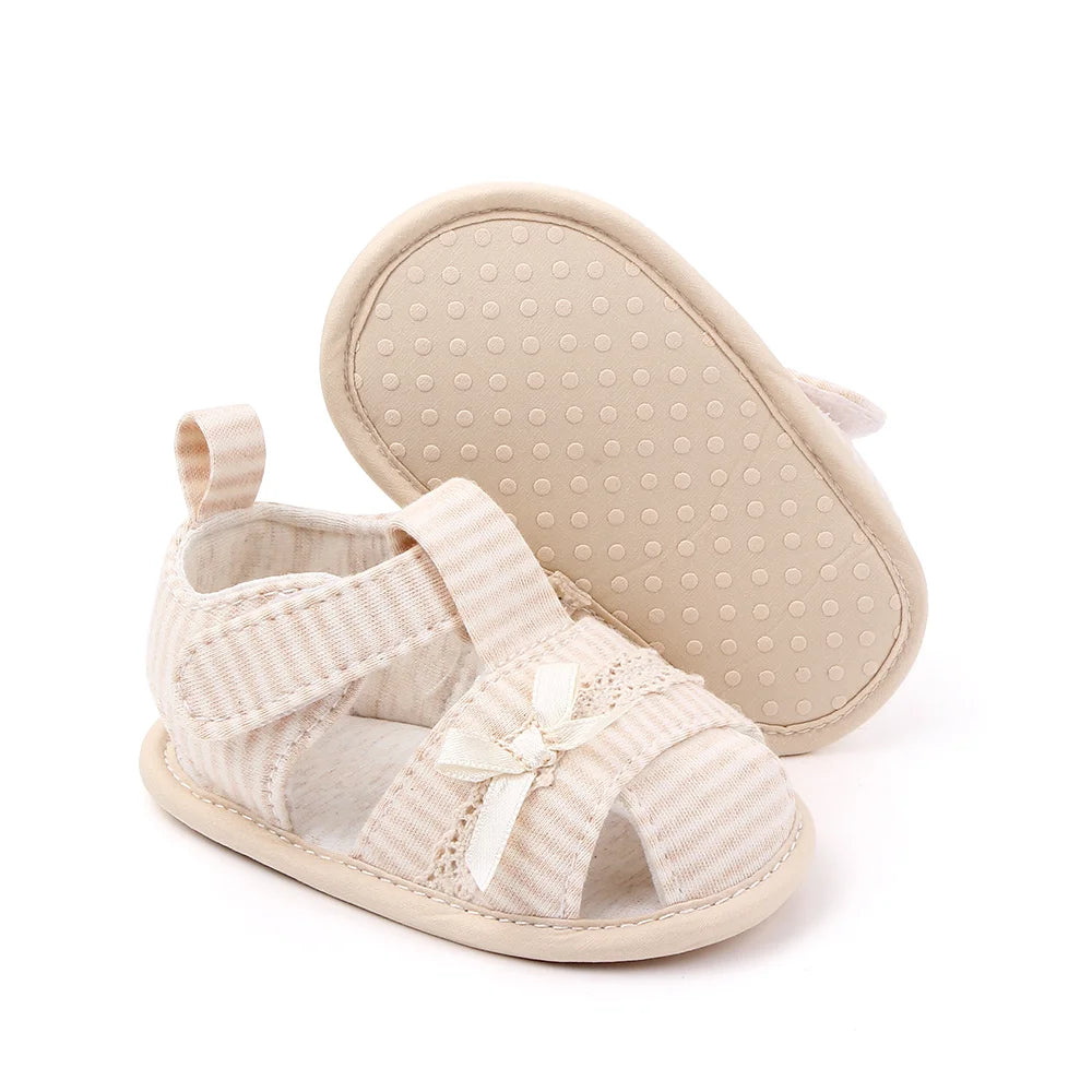Baby Girl Cotton Sandals – Breathable Bow Toe-Covered 0–18 Months