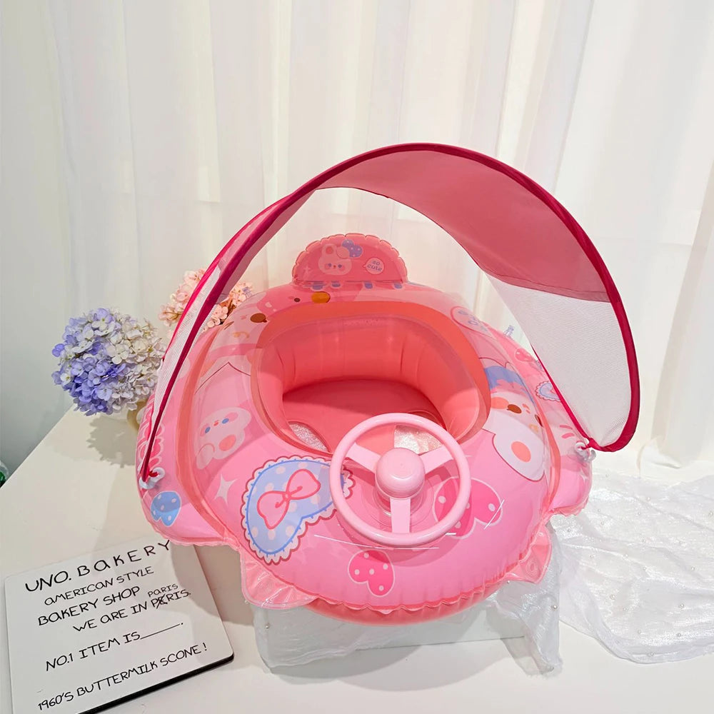 Baby Swim Float Seat Ring with Sunshade Canopy & Steering Wheel – Ages 0–6