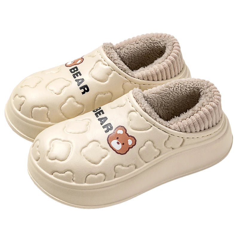 Waterproof Fur-Lined Bear Slippers – Unisex Winter House Shoes