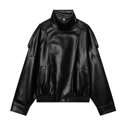 Women's Faux Leather Jacket – Asymmetric Zip Stand Collar Coat