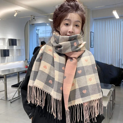 Women's Heart Pattern Plaid Blanket Scarf with Tassels