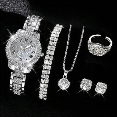 6-Piece Women's Luxury Rhinestone Watch & Jewelry Set