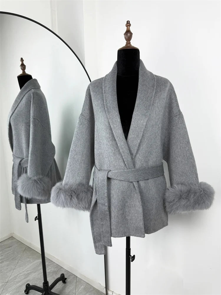 Women's Wool Coat with Fox Fur Cuffs & Belt – Elegant Short Overcoat