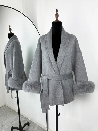 Women's Wool Coat with Fox Fur Cuffs & Belt – Elegant Short Overcoat