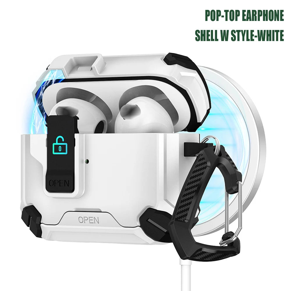 Magnetic Pop-Top AirPods Case – Rugged Shockproof Cover with Carabiner