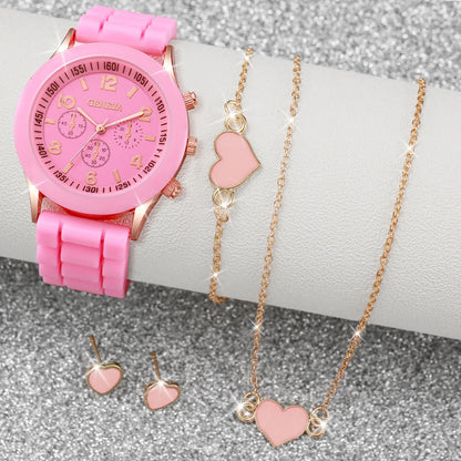 Women's Quartz Watch & Jewelry Set with Silicone Band