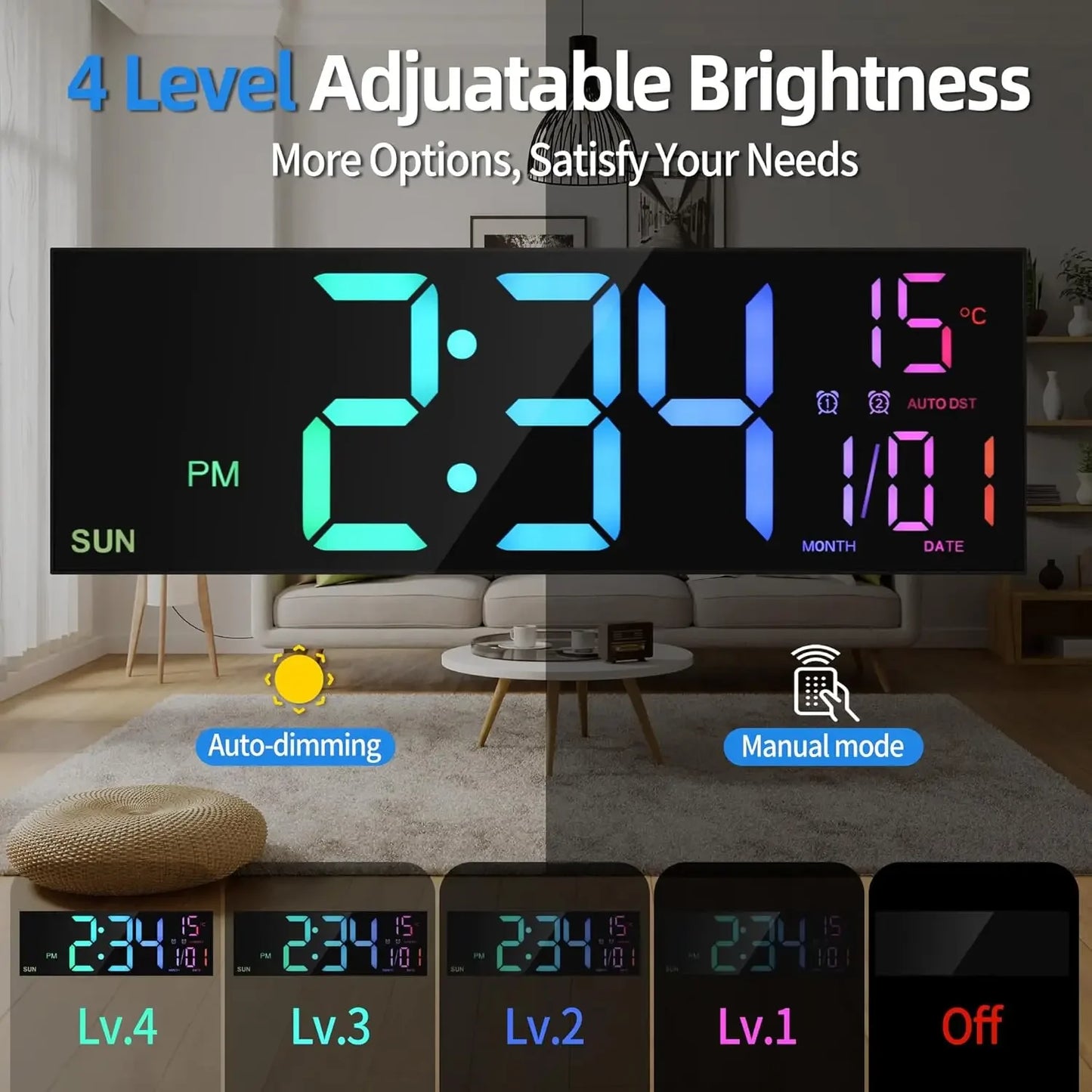 Large Digital LED Wall Clock with Remote Control, Date & Temperature