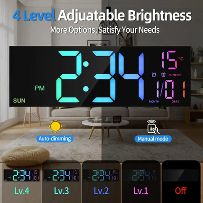 Large Digital LED Wall Clock with Remote Control, Date & Temperature