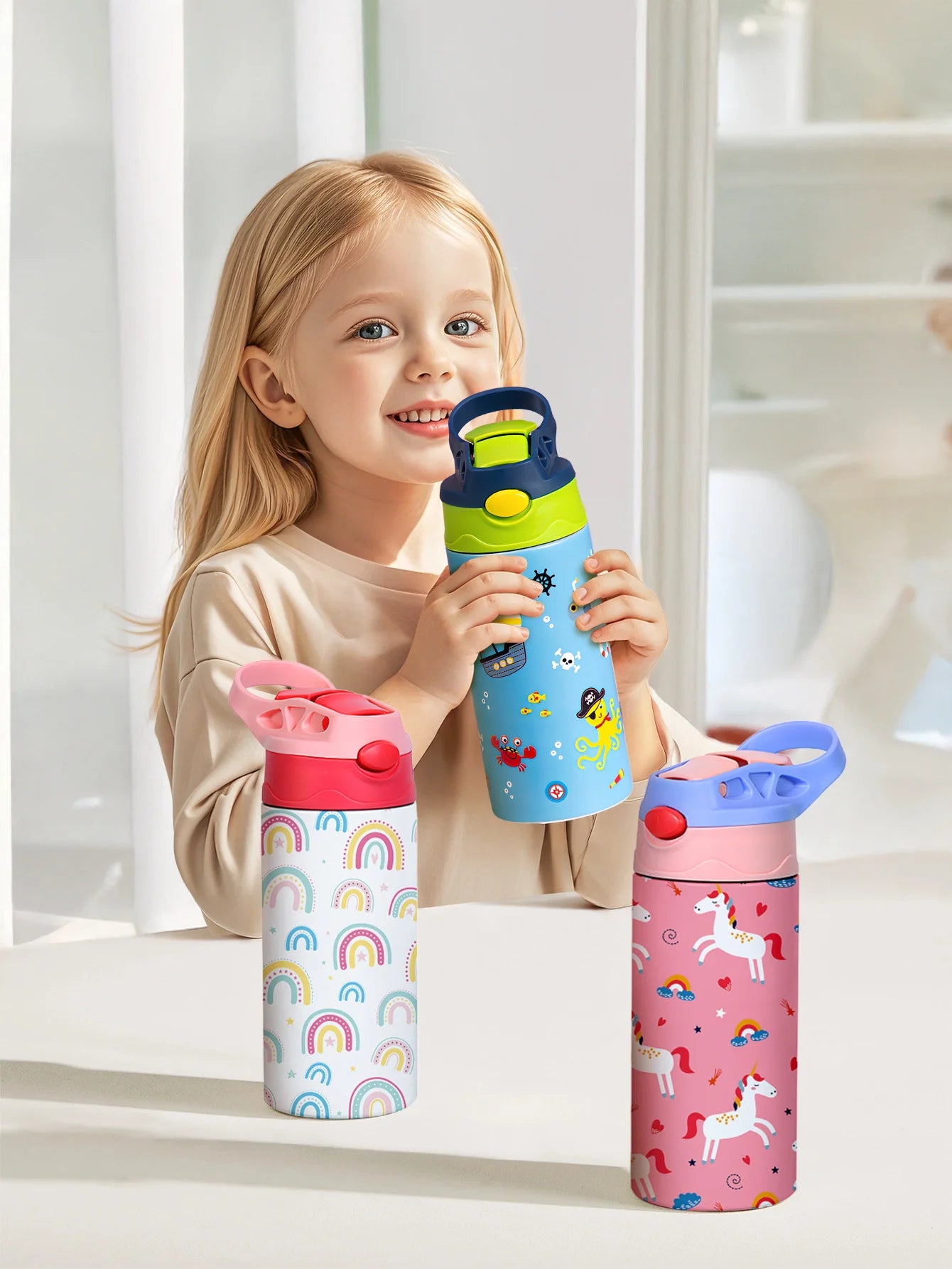 Kids Cartoon Insulated Water Bottle with Straw – 12oz Stainless Steel