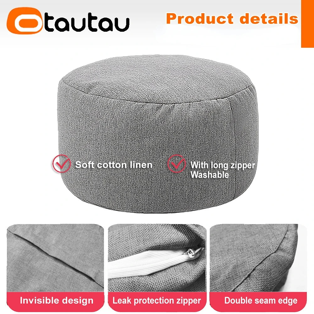 Round Linen Pouf Ottoman – Bean Bag Footstool Floor Cushion