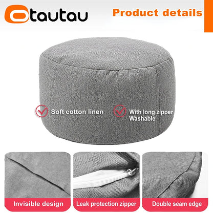 Round Linen Pouf Ottoman – Bean Bag Footstool Floor Cushion