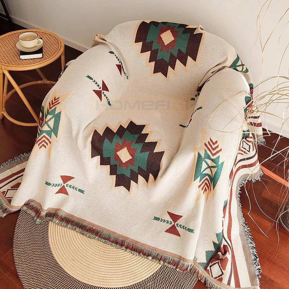 Aztec Boho Throw Blanket with Fringe – Southwestern Woven Tapestry, 2 Colors