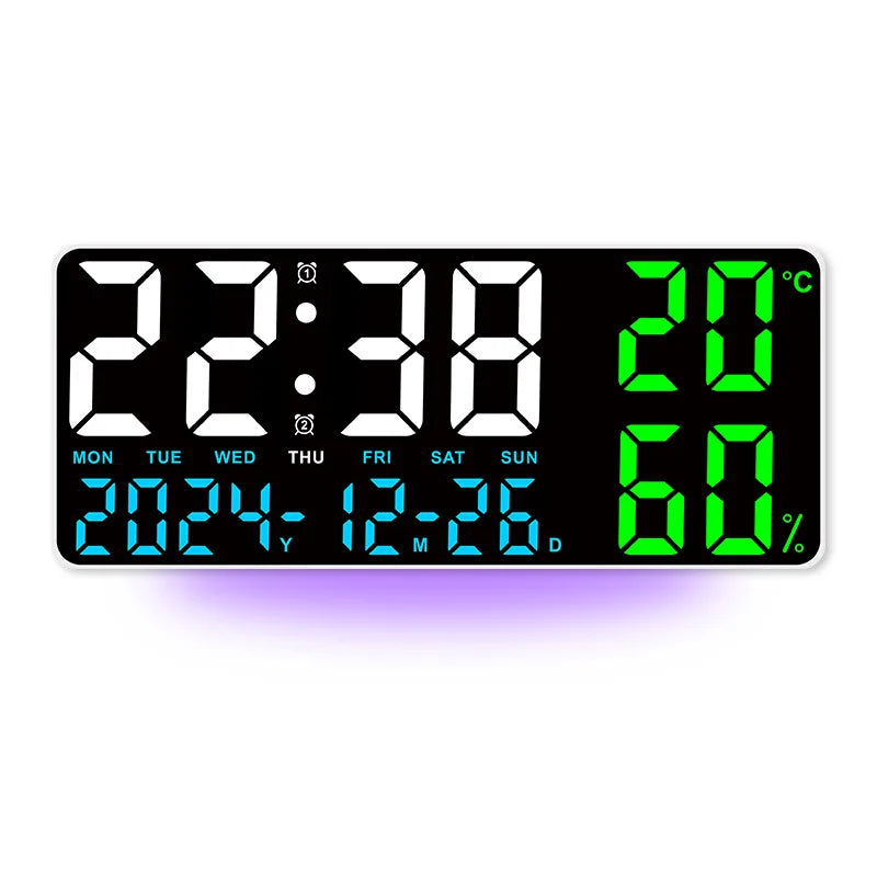 Large LED Digital Wall Clock with 7-Color Mood Light & Dual Alarm