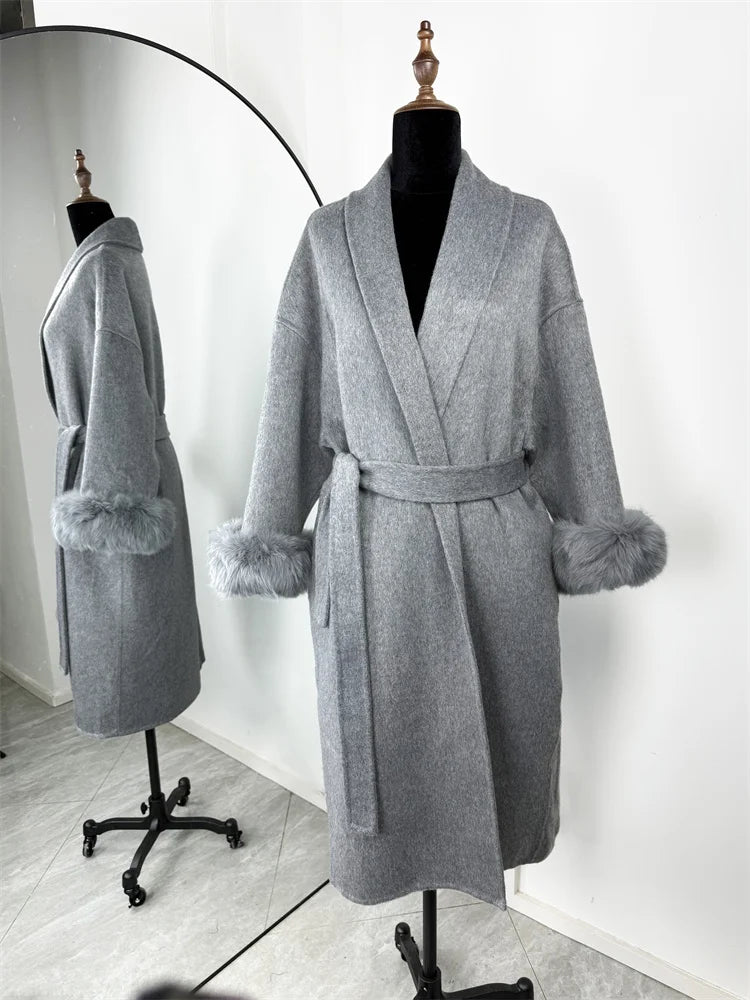 Women's Wool Coat with Fox Fur Cuffs & Belt – Elegant Short Overcoat
