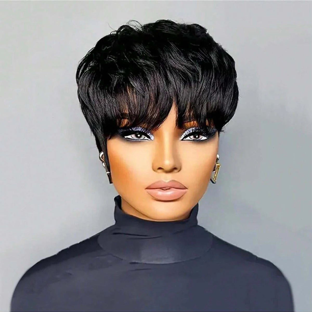 Pixie Cut Short Bob Wig with Bangs Glueless Natural Black