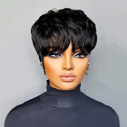 Pixie Cut Short Bob Wig with Bangs Glueless Natural Black