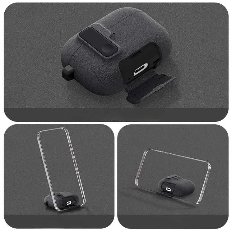 AirPods Pro 3 Case with Phone Stand – Magnetic Lock, Carabiner Hook & Shockproof TPU Cover