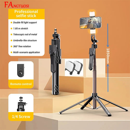 Selfie Stick Tripod 185cm with Fill Light & Bluetooth Remote