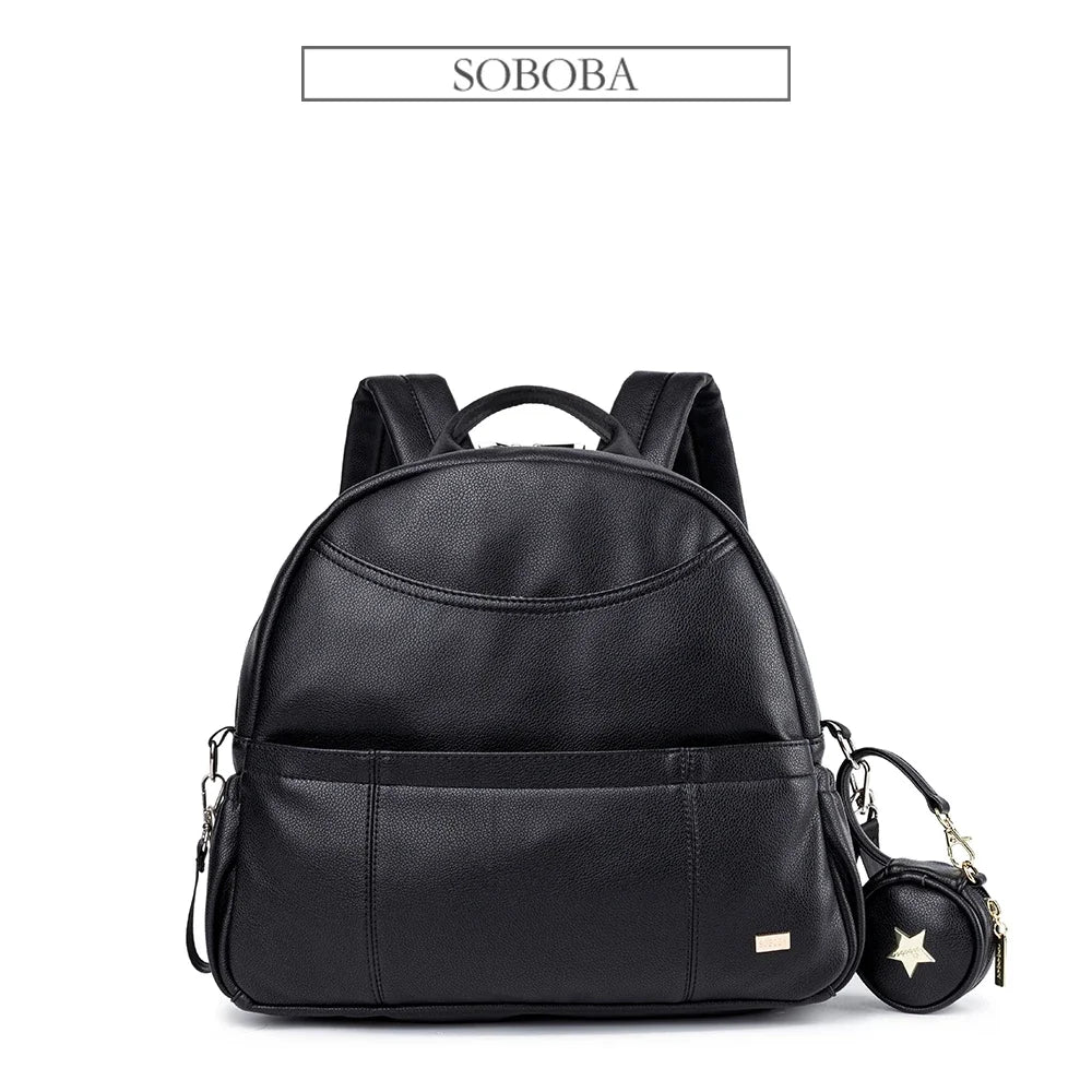 PU Leather Diaper Backpack – Large Capacity Waterproof Mom Bag