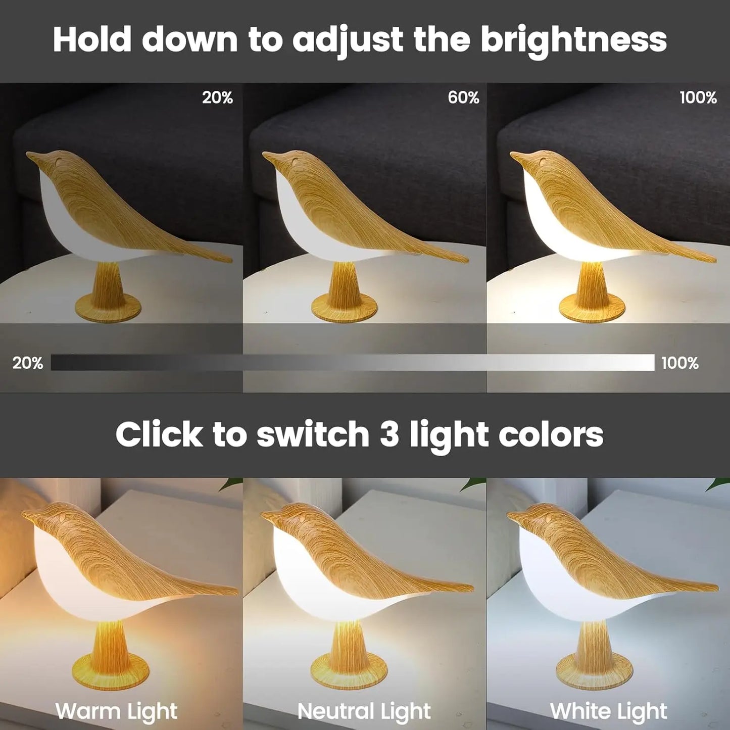Bird LED Touch Lamp – 3-Level Dimmable Art Deco Night Light