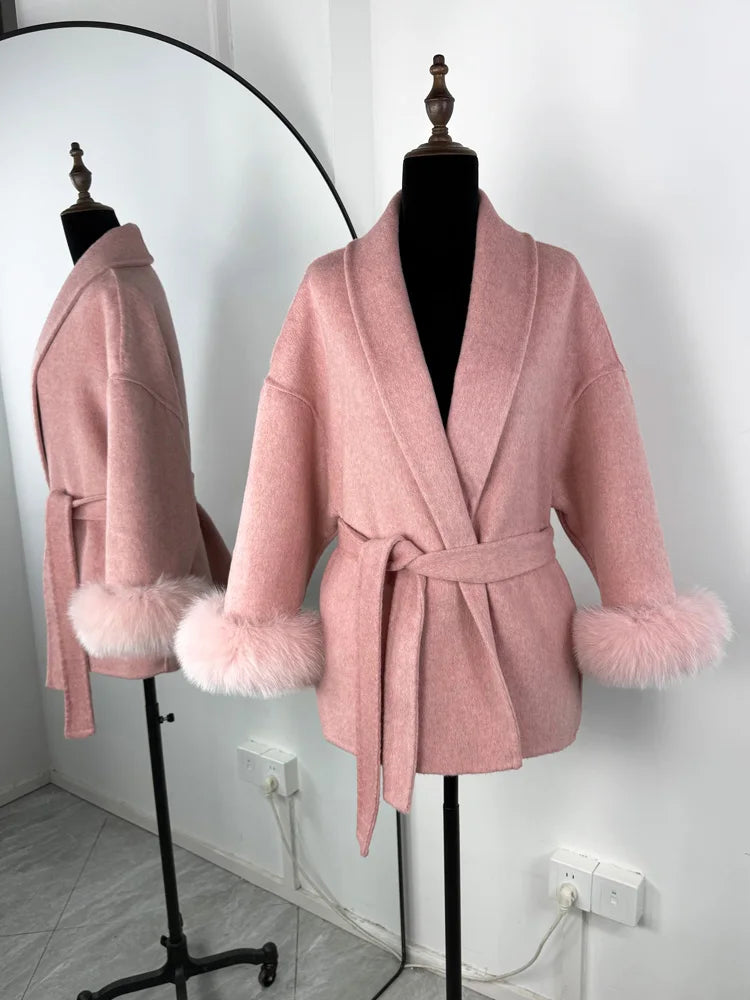 Women's Wool Coat with Fox Fur Cuffs & Belt – Elegant Short Overcoat