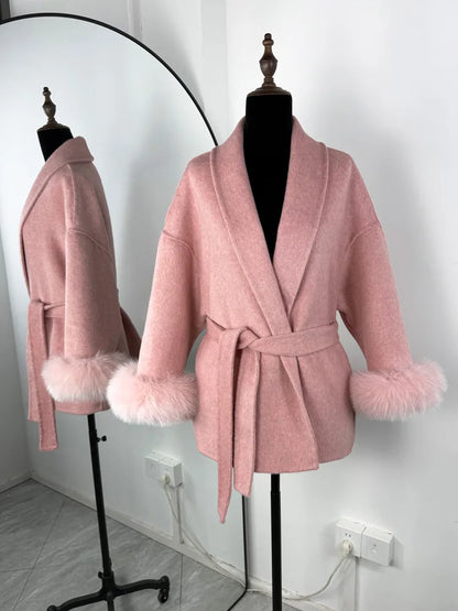 Women's Wool Coat with Fox Fur Cuffs & Belt – Elegant Short Overcoat