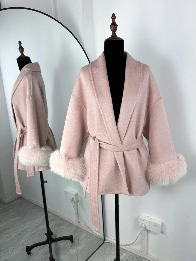 Women's Wool Coat with Fox Fur Cuffs & Belt – Elegant Short Overcoat