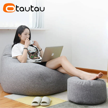 Round Linen Pouf Ottoman – Bean Bag Footstool Floor Cushion