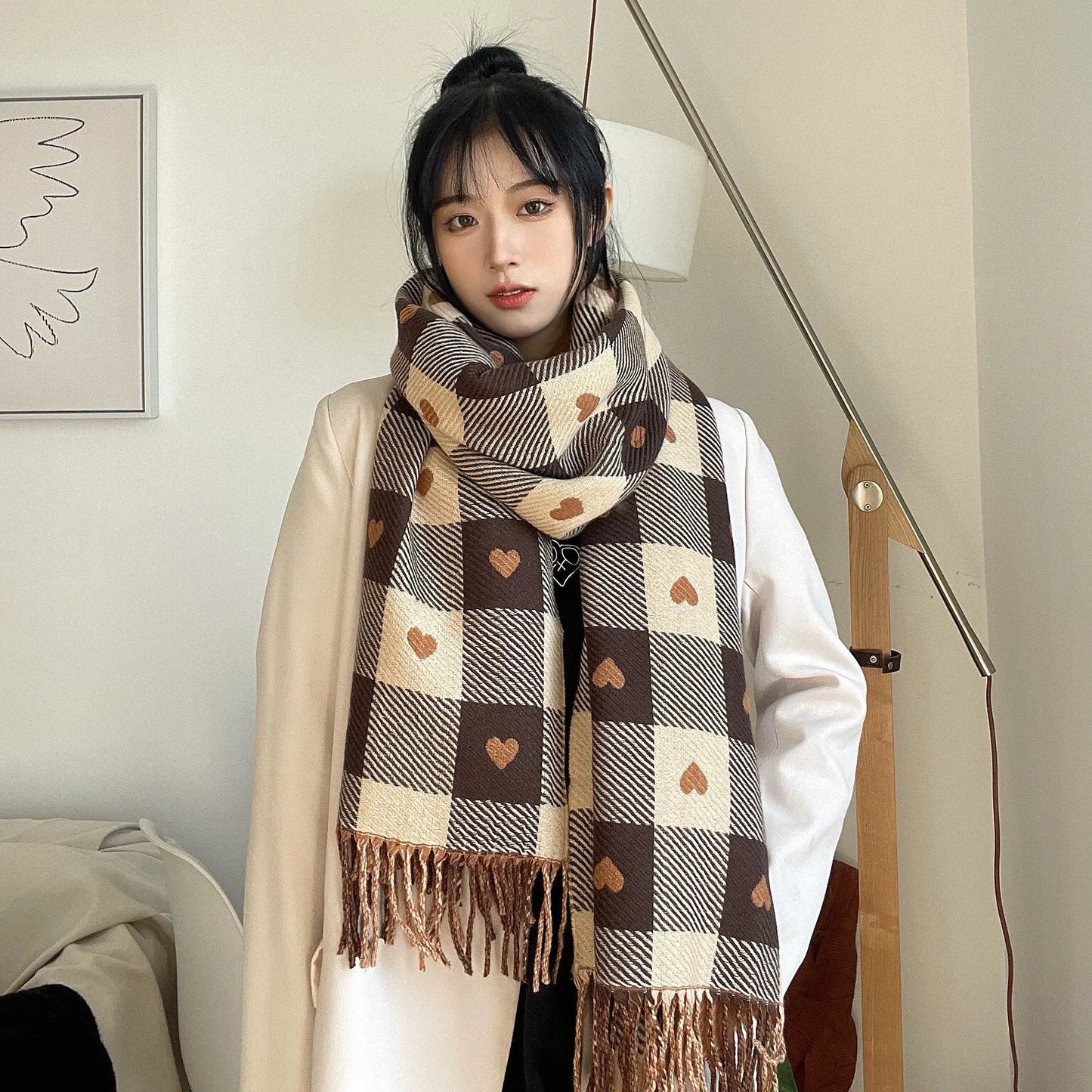 Women's Winter Cashmere Scarf – Plaid Character Print Shawl with Tassels