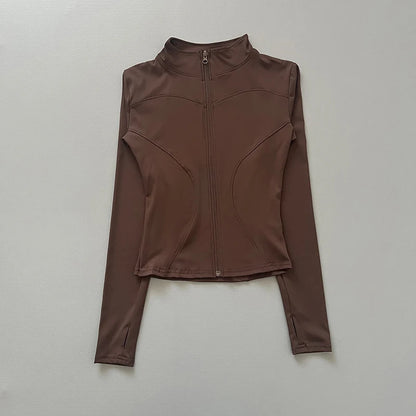 Women's Fitted Zip-Up Workout Jacket – Waist-Cinching Long Sleeve Activewear
