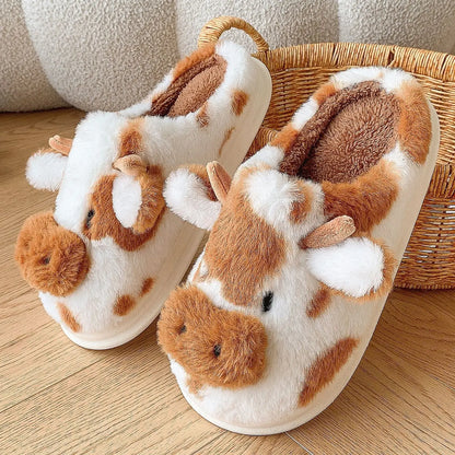 Cute Cow Fluffy Slippers for Women – Cozy Plush House Shoes