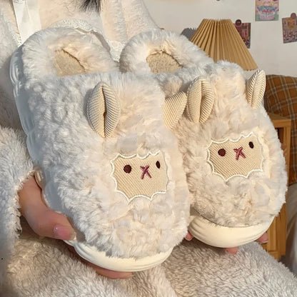 Fluffy Sheep Plush Slippers – Warm Faux Fur Indoor Home Shoes