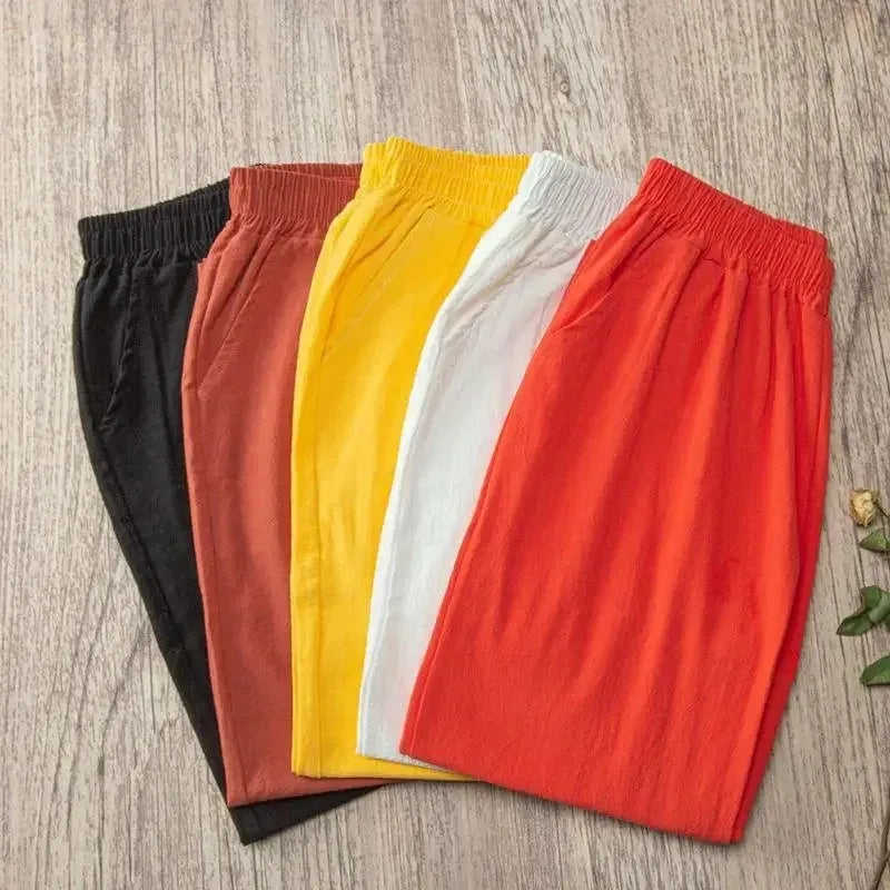 Women's Cotton Linen Harem Pants – Casual Loose Elastic Waist Cropped Trousers