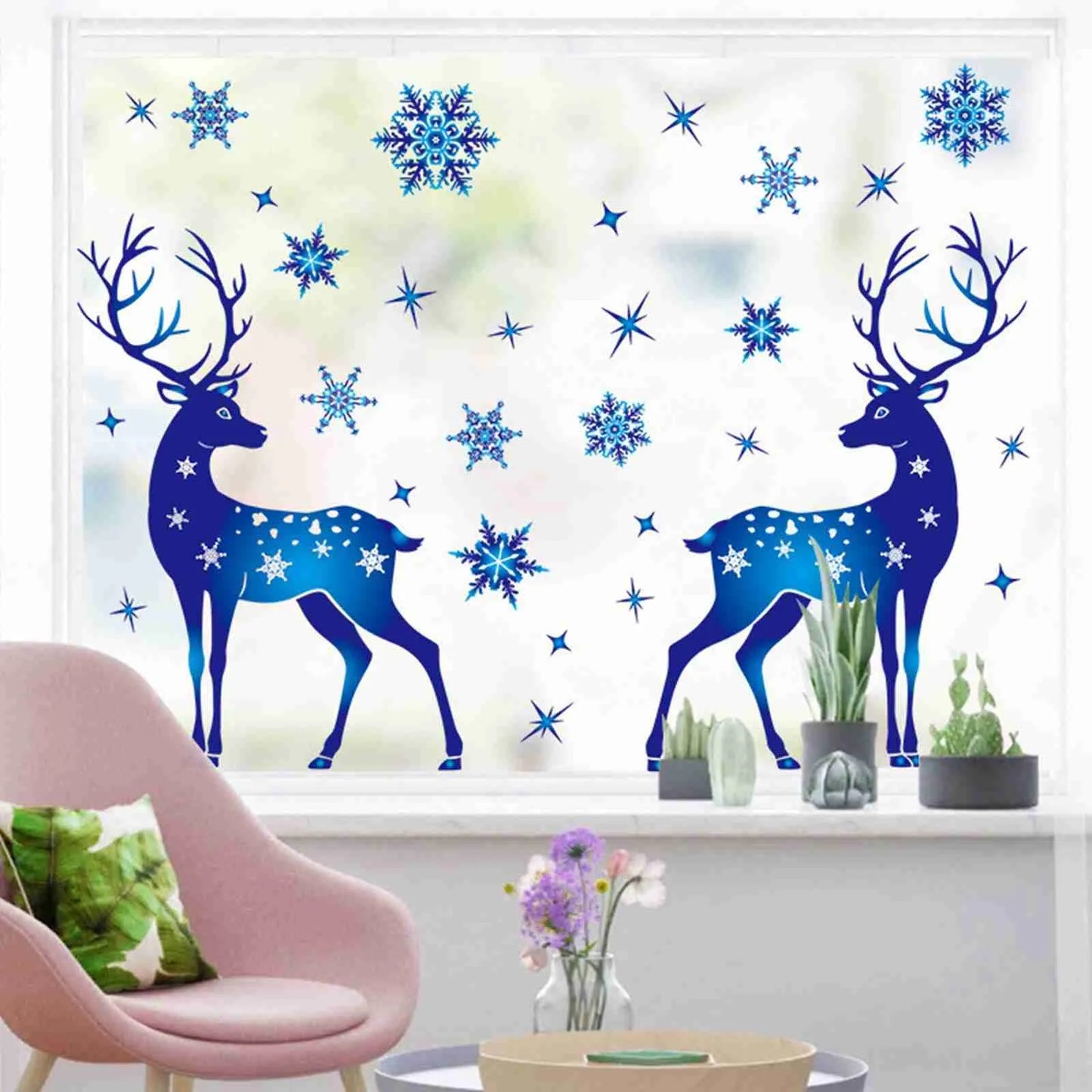 Christmas Window Clings – Blue Reindeer & Snowflake Stickers