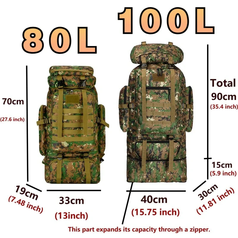 Large Tactical Hiking Backpack – 80L/100L Military Molle Bag for Camping & Travel