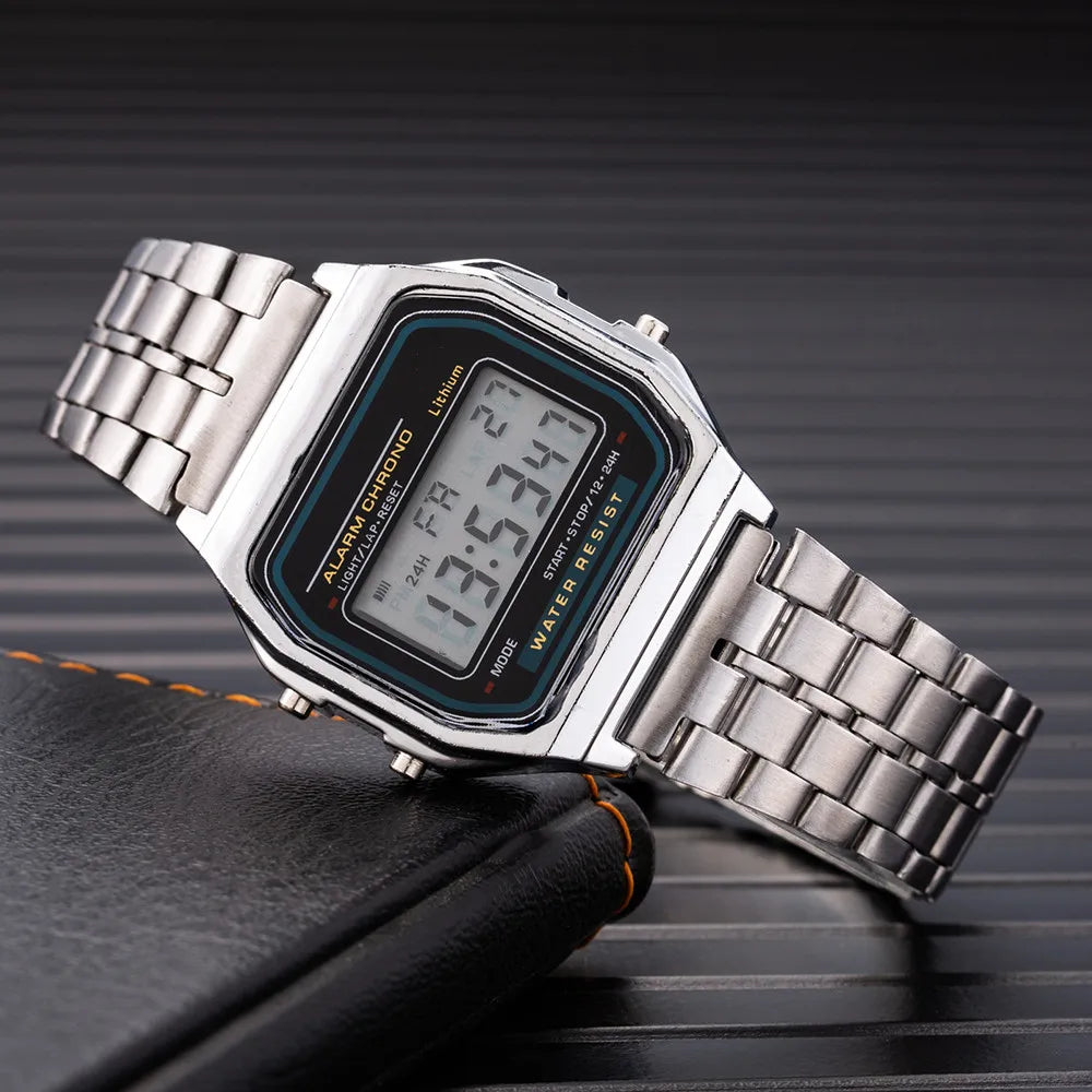 Digital Watch – Stainless Steel Retro LCD Wristwatch