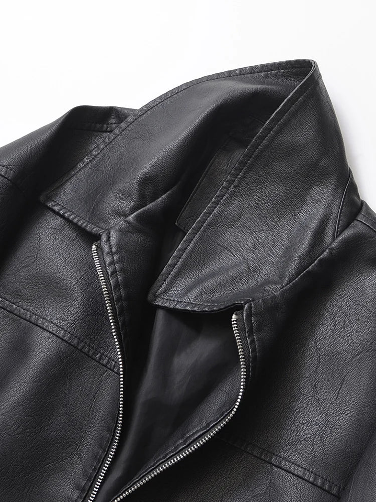 Faux Leather Jacket Women Loose Retro Zip Streetwear Coat