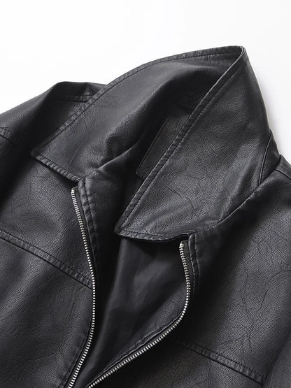 Faux Leather Jacket Women Loose Retro Zip Streetwear Coat