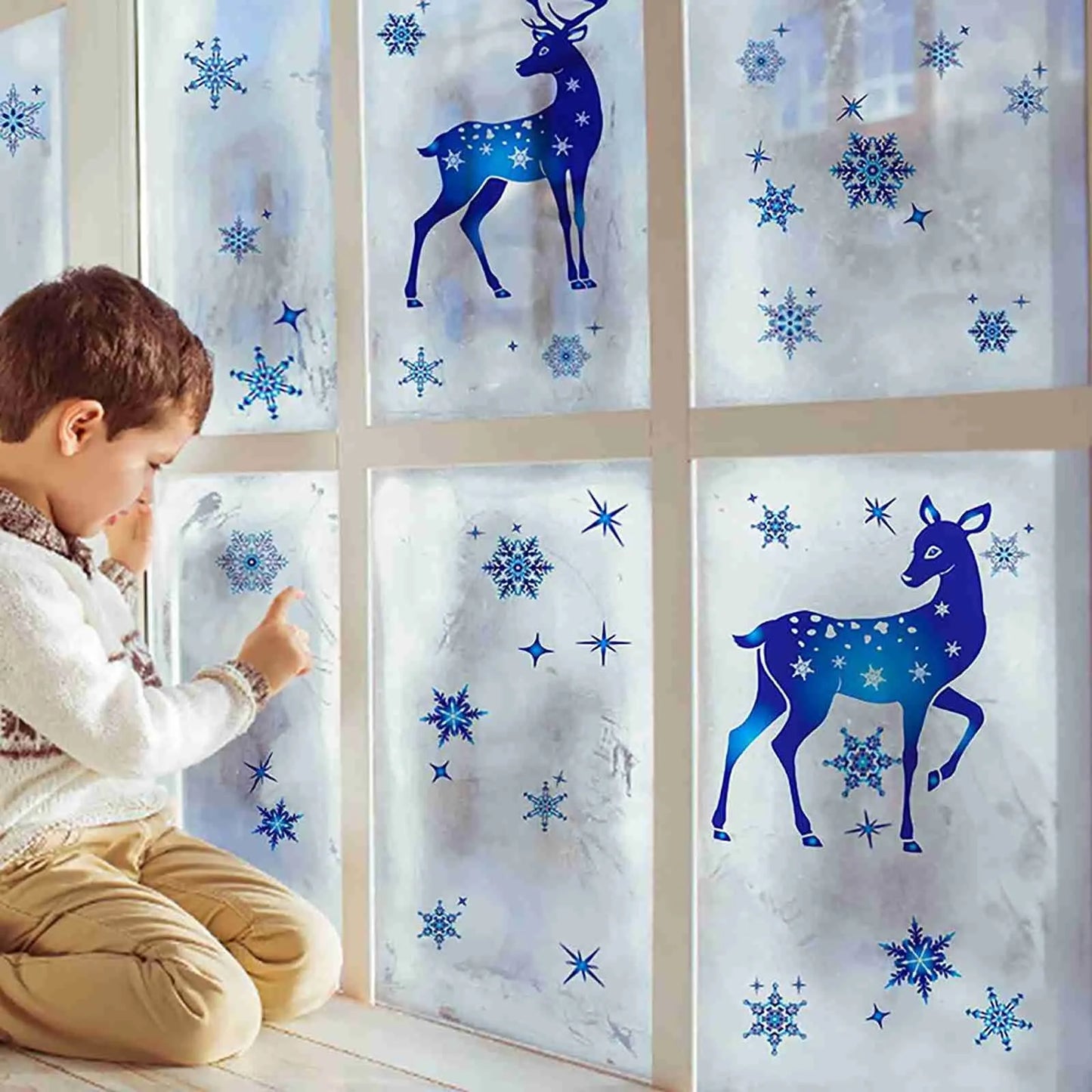 Christmas Window Clings – Blue Reindeer & Snowflake Stickers