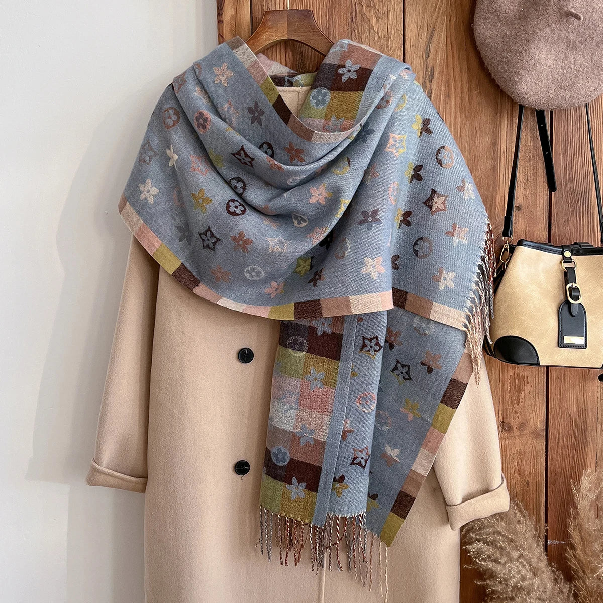 Cashmere Pashmina Shawl Scarf – Women's Winter Wrap with Floral Print