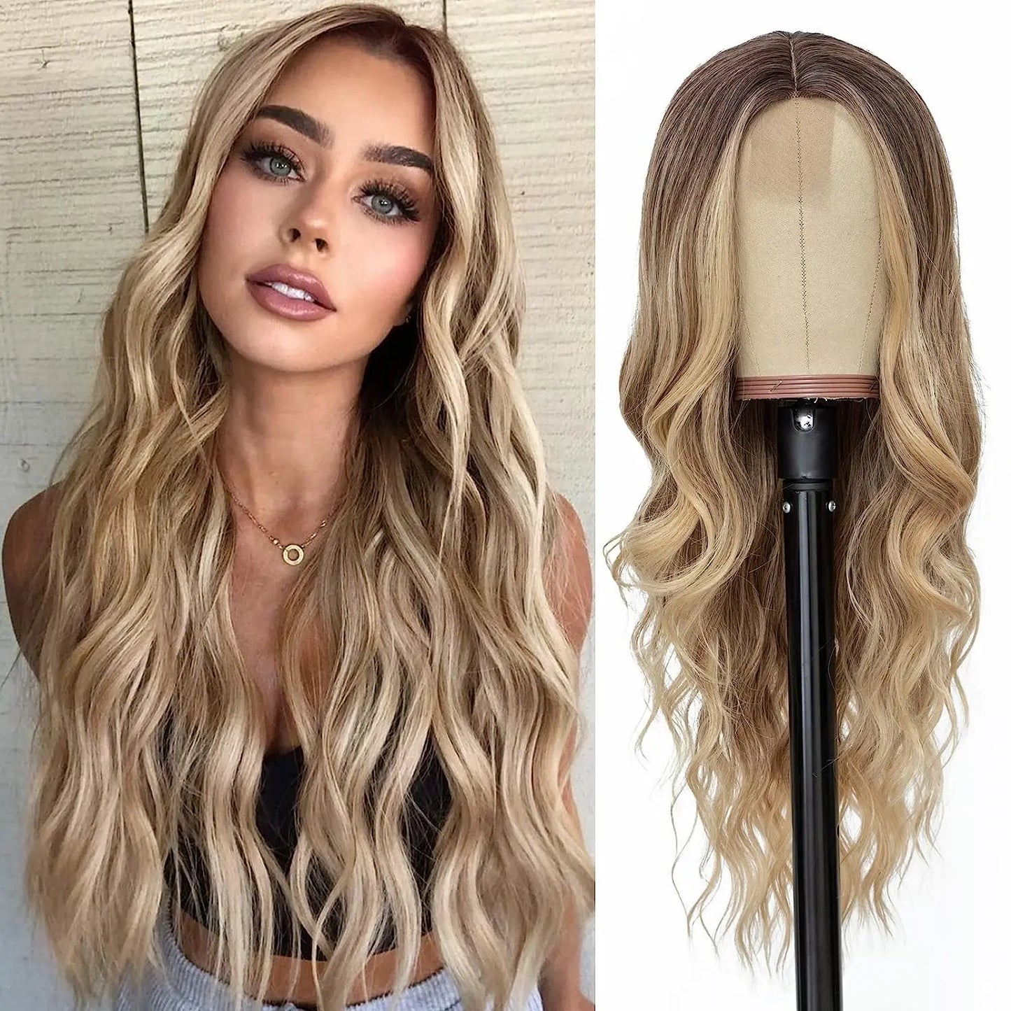 Synthetic Lace Wig 26 Inch – Long Wavy Curly Middle Part Heat Resistant