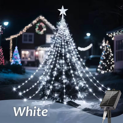 Star Waterfall Christmas Tree String Lights – USB & Solar Powered