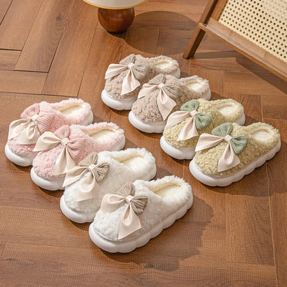 Women's Fur Slippers with Bow – Cozy Indoor House Shoes